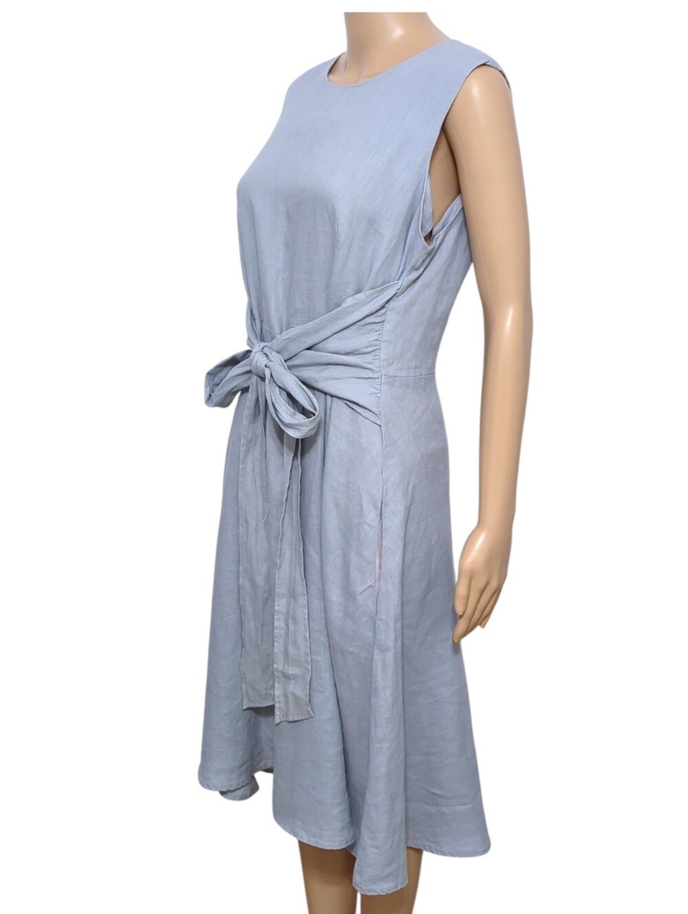 Malvin Germany Linen Ramie Tie Front Midi Dresss Grey Blue Coastal Minimalist XL - Picture 4 of 8